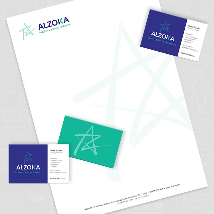 Letterhead and business cards corporate stationery design for Alzoka