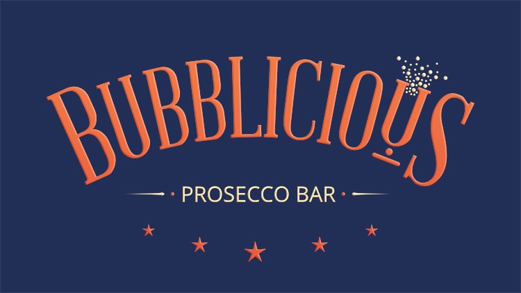 Reversed 3D Bubblicious logo design with blue background