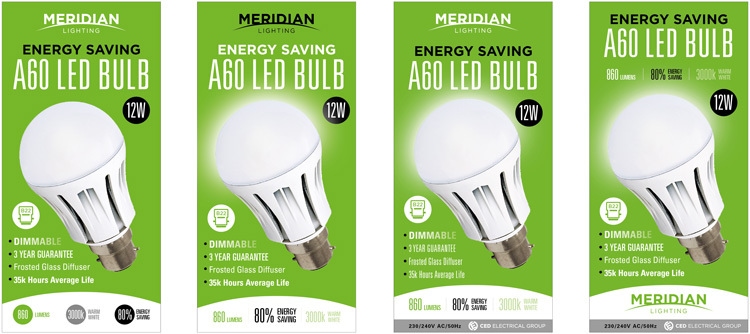 Front of product packaging design options for Merdian Lighting A60 LED Bulb