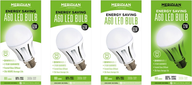 Front of product packaging design options for Merdian Lighting A60 LED Bulb