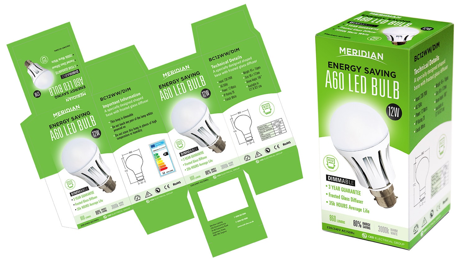 Merdian Lighting A60 LED Bulb packaging design net artwork alongside 3D product carton