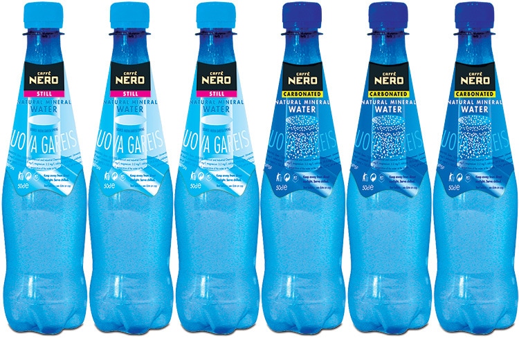 Blue still and carbonated water Packaging Design for Caff&egrave; Nero