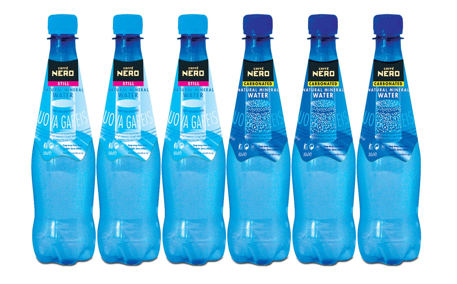 Blue still and carbonated water Packaging Design for Caff&egrave; Nero