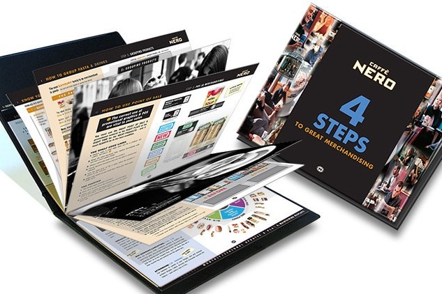 Caff&egrave; Nero Visual Merchandising Manual print design showing front cover and open spread