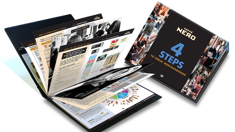 Caff&egrave; Nero Visual Merchandising Manual print design showing front cover and open spread