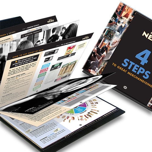 Caffè Nero Visual Merchandising Manual print design showing front cover and open spread Thumbnail