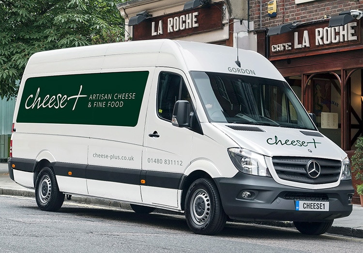 Cheese plus branded Mercedes van in front of a restaurant