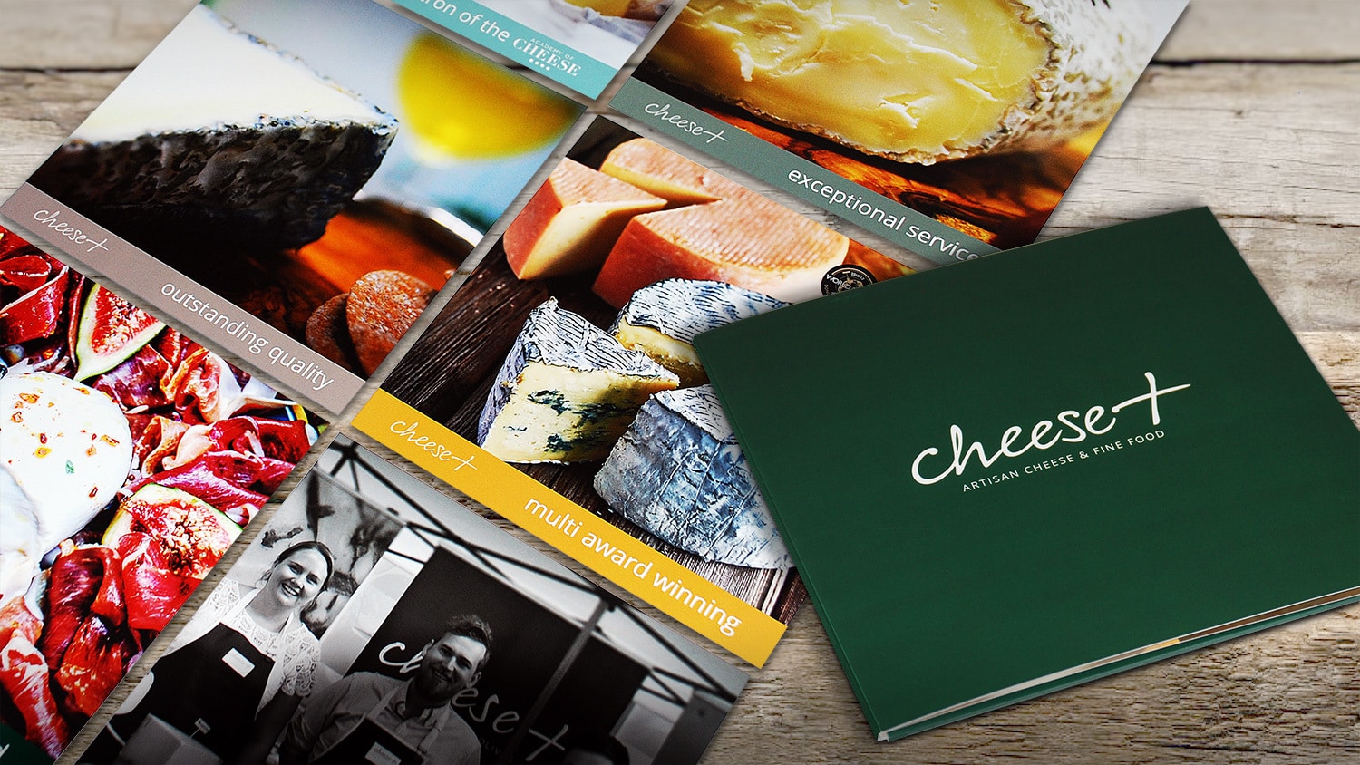 Front cover and spread of Cheese Plus corporate folder showing full-bleed images of cheese