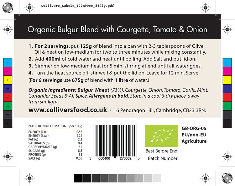 Colliver's Organic Food Bulgur Blend ingredients back label design artwork for pouch