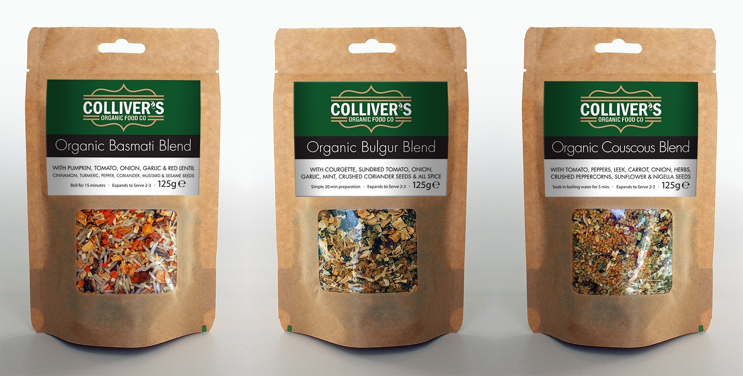 Colliver's Organic Food label design on pouches filled with grains