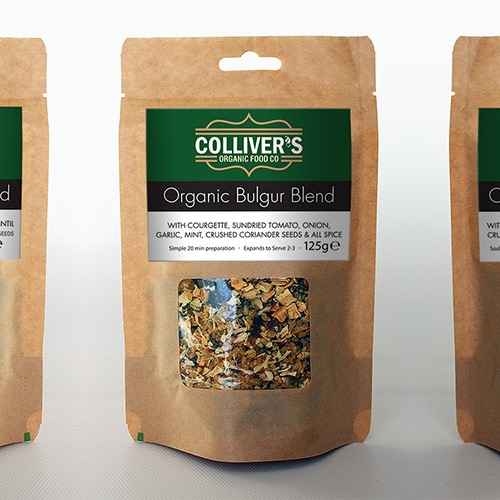 Colliver's Organic Food label design on pouches filled with grains Thumbnail