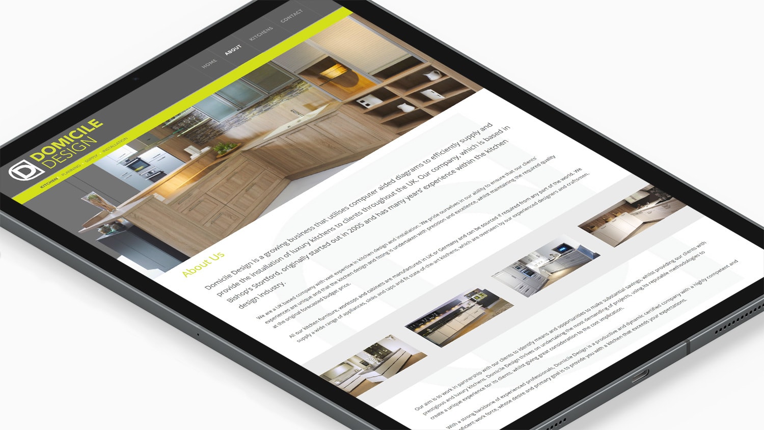 Tablet showing homepage of Domicile Design responsive website design