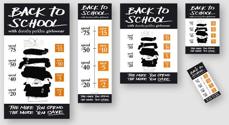 Dorothy Perkins Back to School promotional design materials