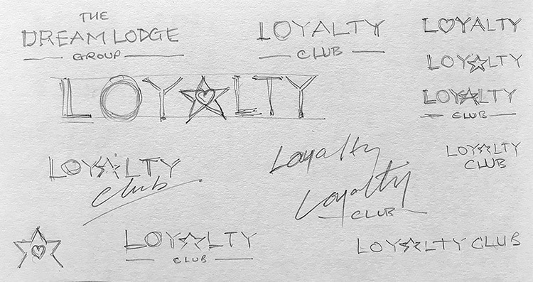 Development sketches for Dream Lodge Loyalty log design