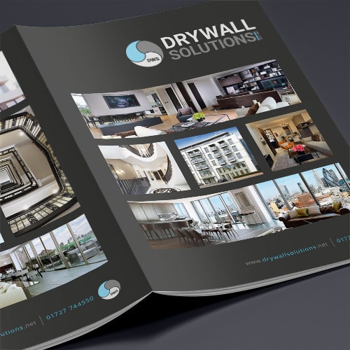 Opened Drywall Solutions black brochure showing the Front and back print design Thumbnail