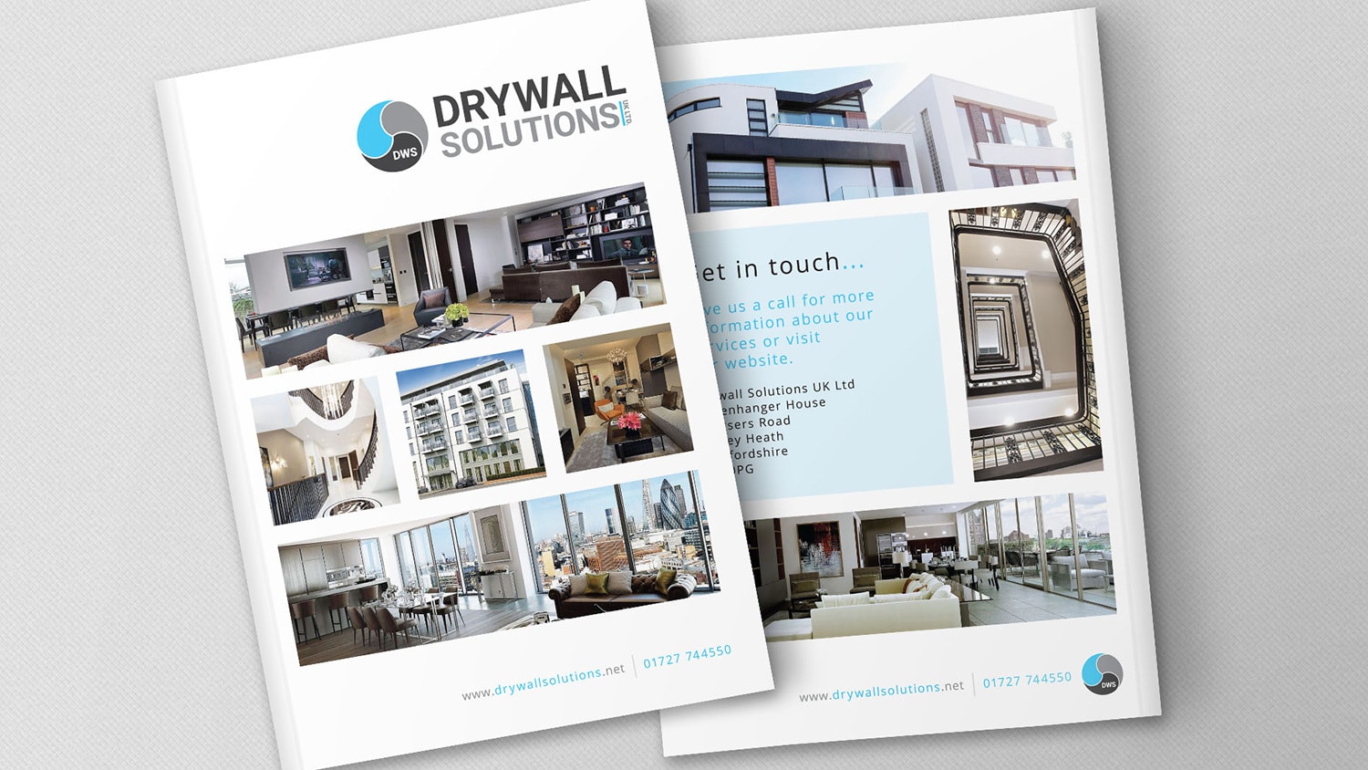 Front and back Drywall Solutions white brochure print design