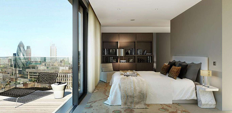 Modern bedroom with view of London photography for Drywall Solutions