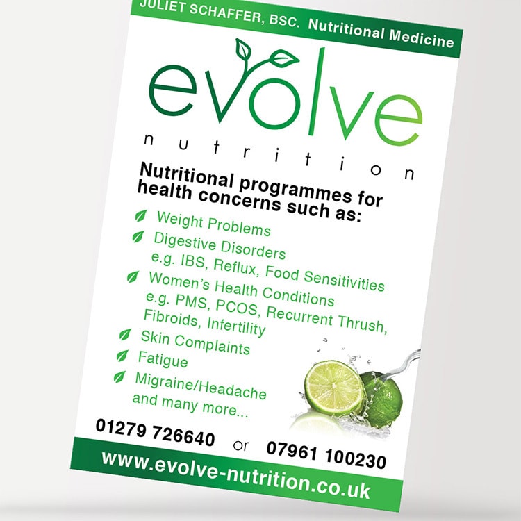 Leaflet design showing the Evolve Nutrition branding