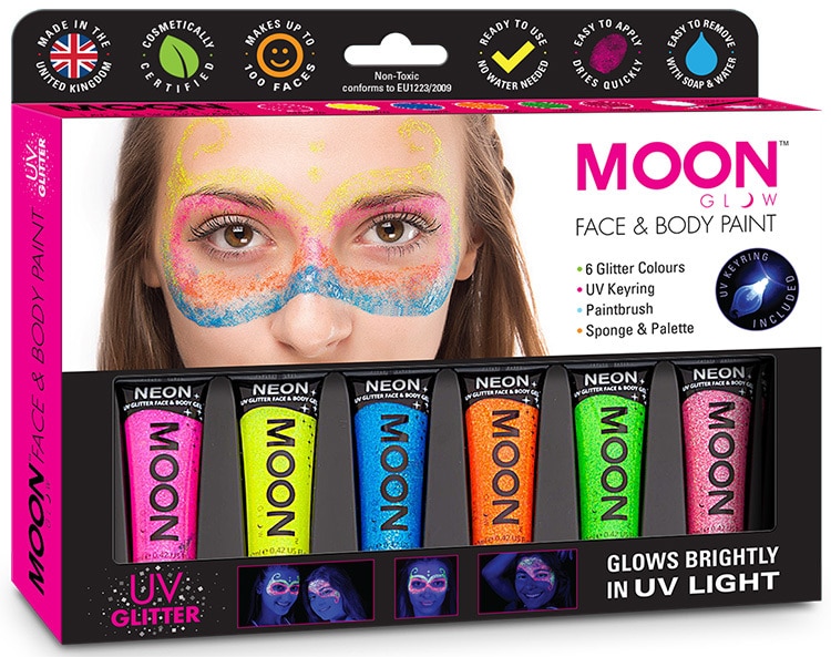 Face Paint UV Glitter packaging design with giltter face paint on persons face