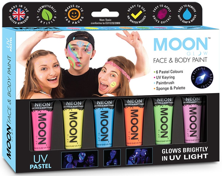 Face Paint UV pastel packaging design with face paint on a group of peoples faces