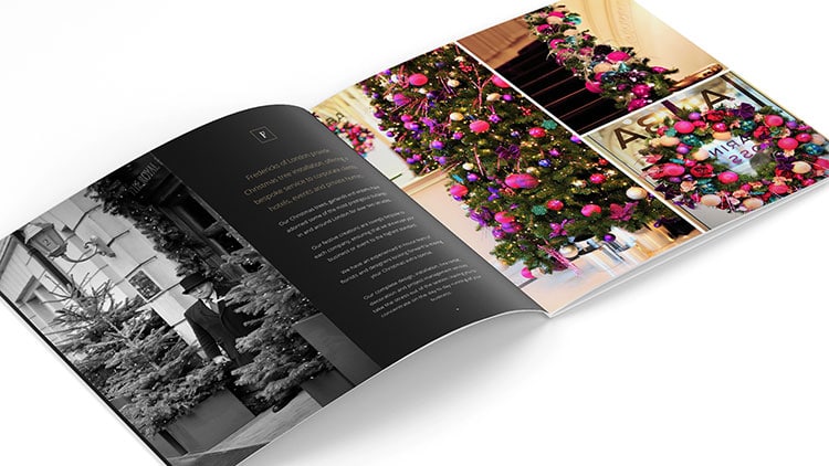 Christmas brochure print design with decorated Christmas tree for Fredericks of London