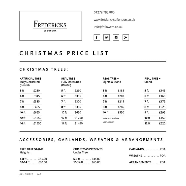 Christmas Price list design for Fredericks of London