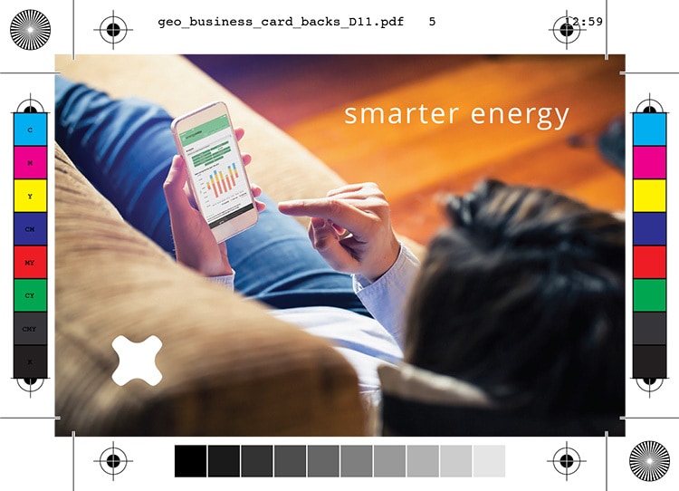 Geo smarter energy branding design back of business card showing a person using a mobile phone