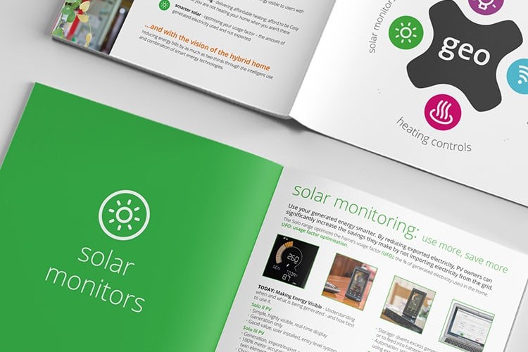 Close up of brochure spread stacked above each other for GEO Hub