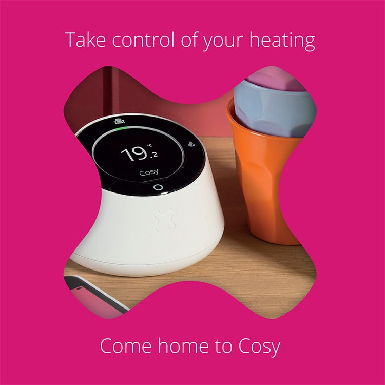 GEO cosy brochure design front cover with Cozy product on a shelf