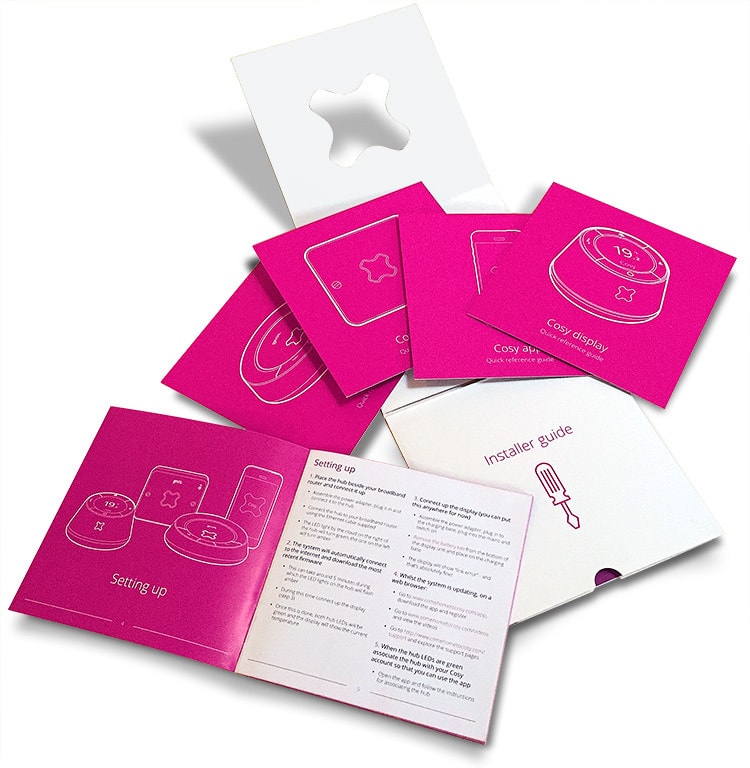 GEO cosy brochure design and installer guide with GEO symbol cut out and Illustrations of cosy products
