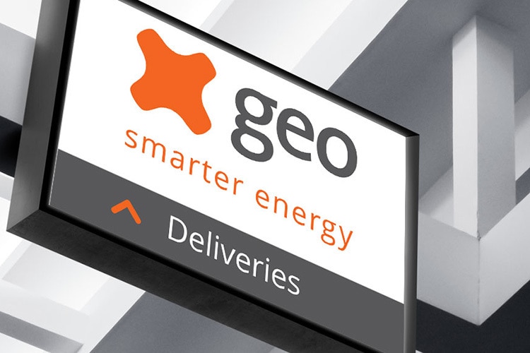 Close up of illuminated GEO delivery projection sign