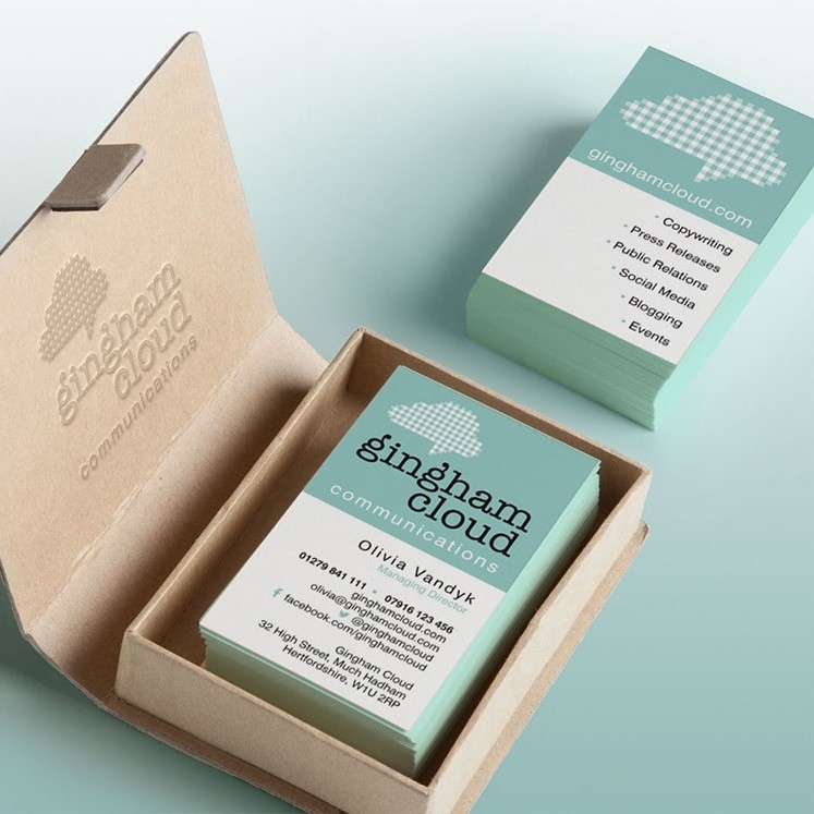 Business cards front and back in cardboard box with Gingham Cloud branding