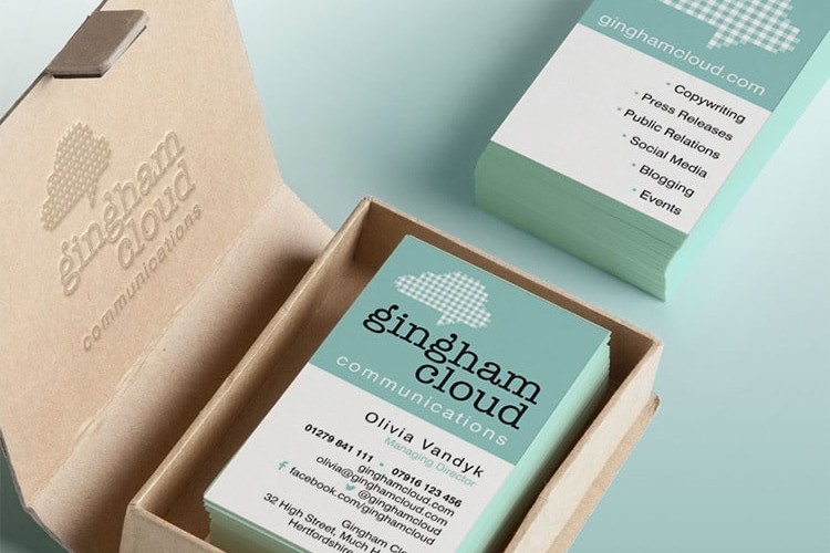 Business cards front and back in cardboard box with Gingham Cloud branding