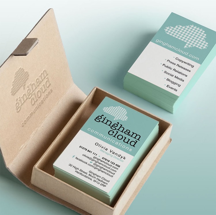 Business cards front and back in cardboard box with Gingham Cloud branding