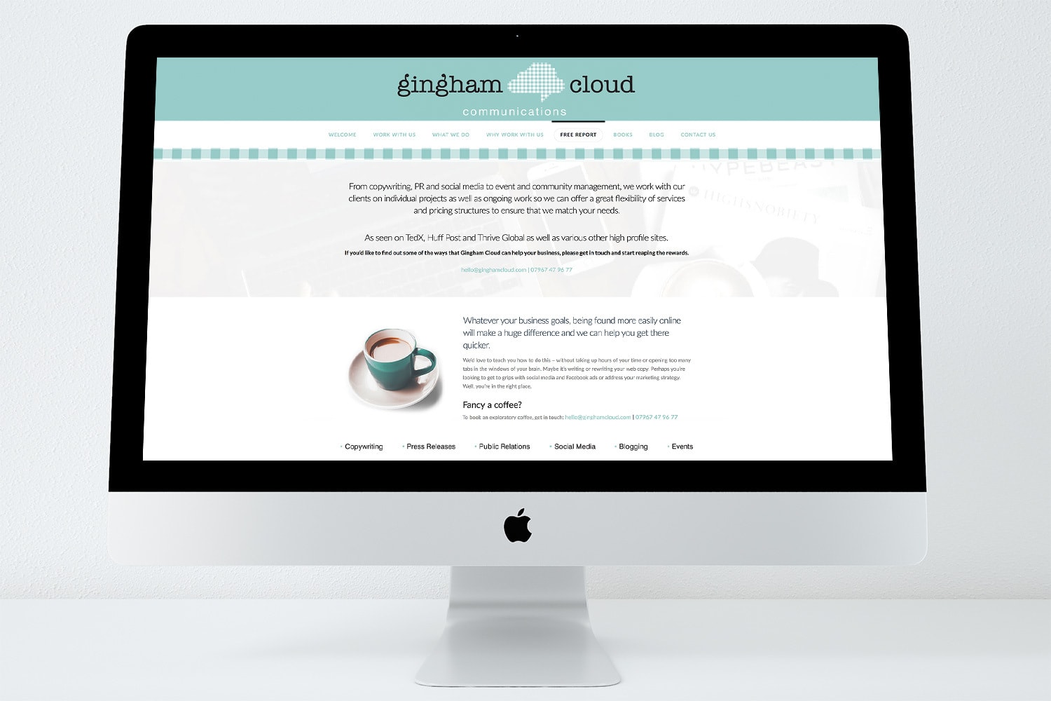 Desktop pc displaying the front page of Gingham Cloud website design