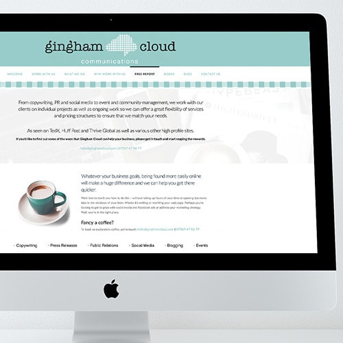 Desktop pc displaying the front page of Gingham Cloud website design Thumbnail