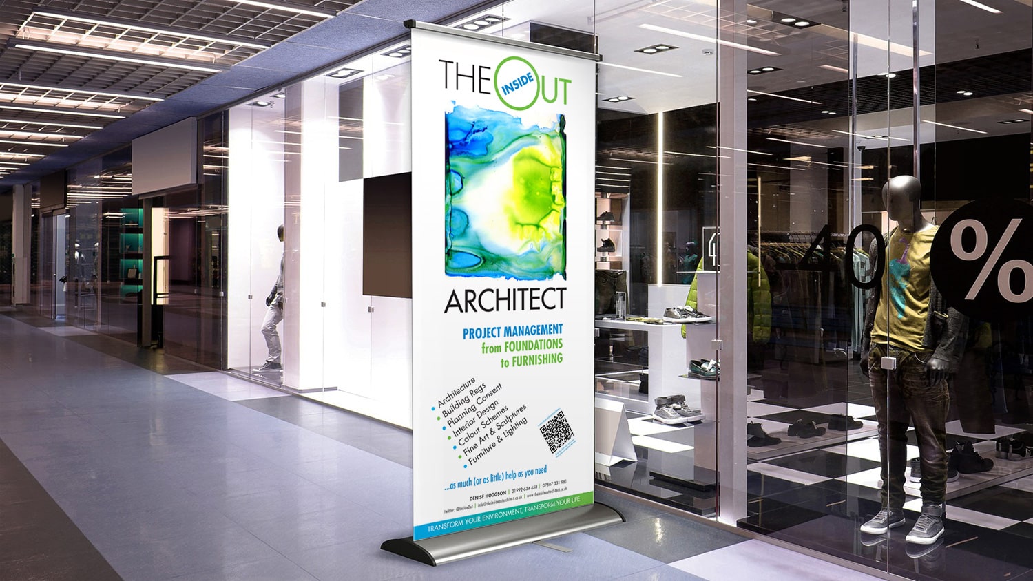 Pop-up banner for Inside Out Architect outside a store