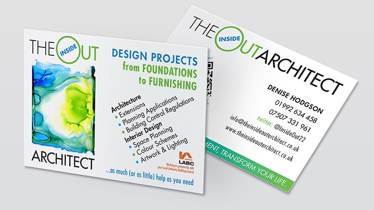 Front and back of A6 postcard design for Inside Out Architect