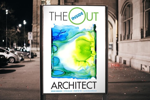 Illuminated poster design for Inside Out Architect outside a building
