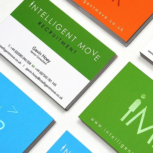 Green, orange and blue business cards designed for Intelligent Move Recruitment