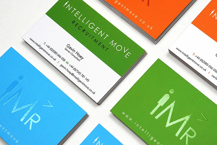 Green, orange and blue business cards designed for Intelligent Move Recruitment