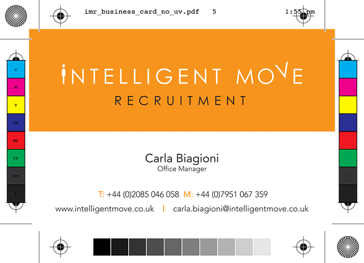 Intelligent Move Recruitment front of business cards artwork with bleed animated