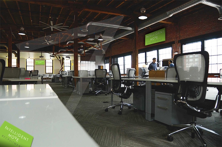 Intelligent Move Recruitment office with new branding applied and symbol watermark