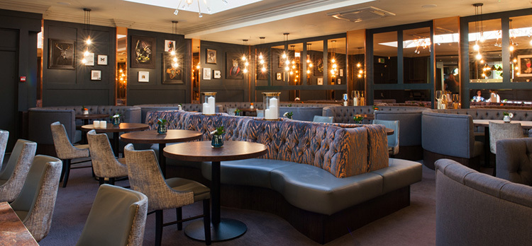 Restaurant interior booths, tables and chairs