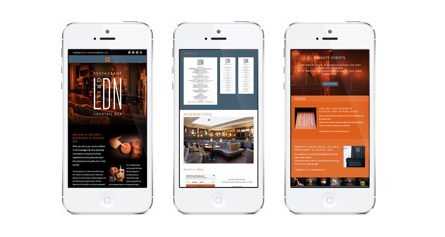 Mobile phones showing off different pages of the new LDN Grill responsive website design