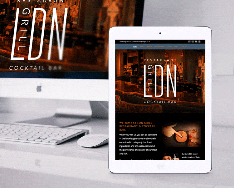 Animated GIF of LDN Grill responsive website design on a tablet and desktop