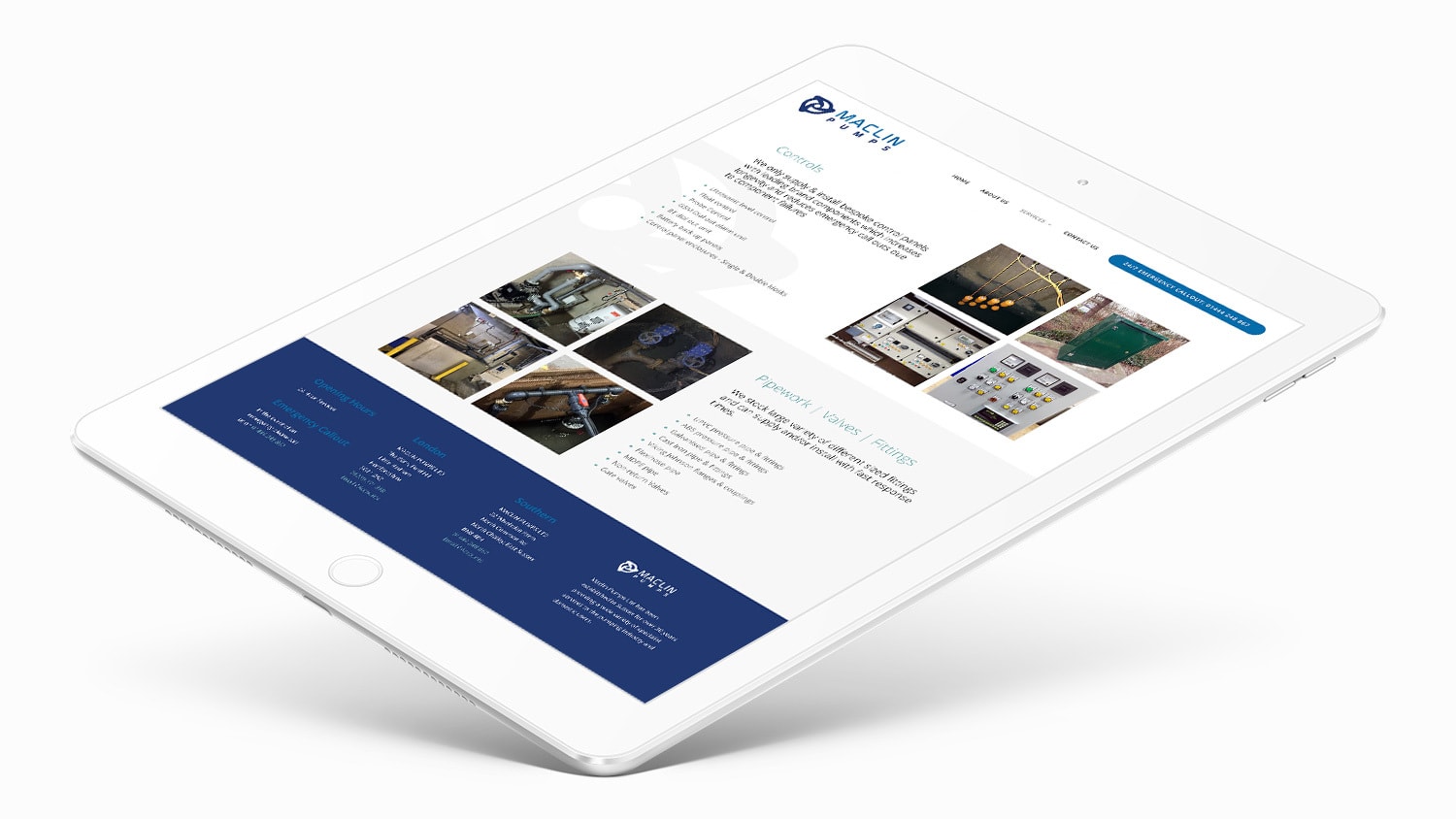 Hero shot of tablet displaying Maclin Pumps responsive website design