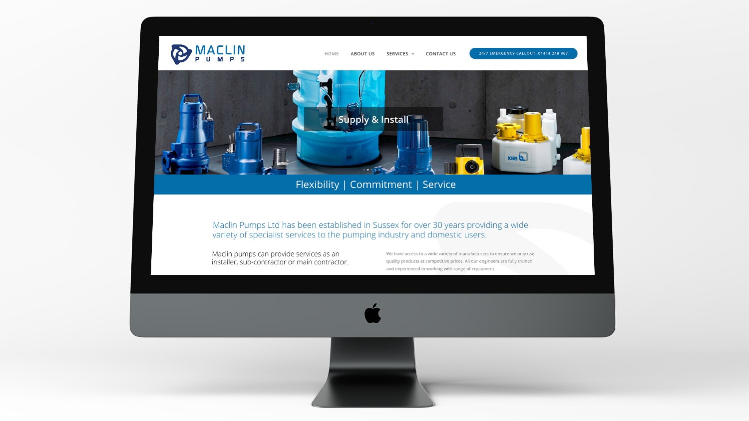 Desktop computer displaying the home page of Maclin pumps website design