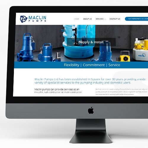 Desktop computer displaying the home page of Maclin pumps website design Thumbnail