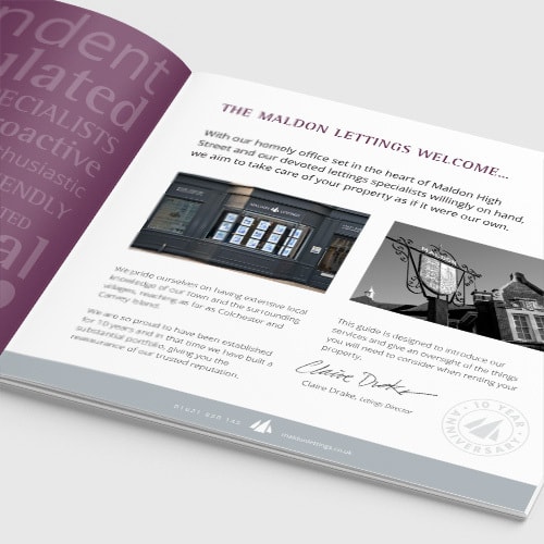An open spread of Maldon Lettings brochure print design showing introduction page Thumbnail